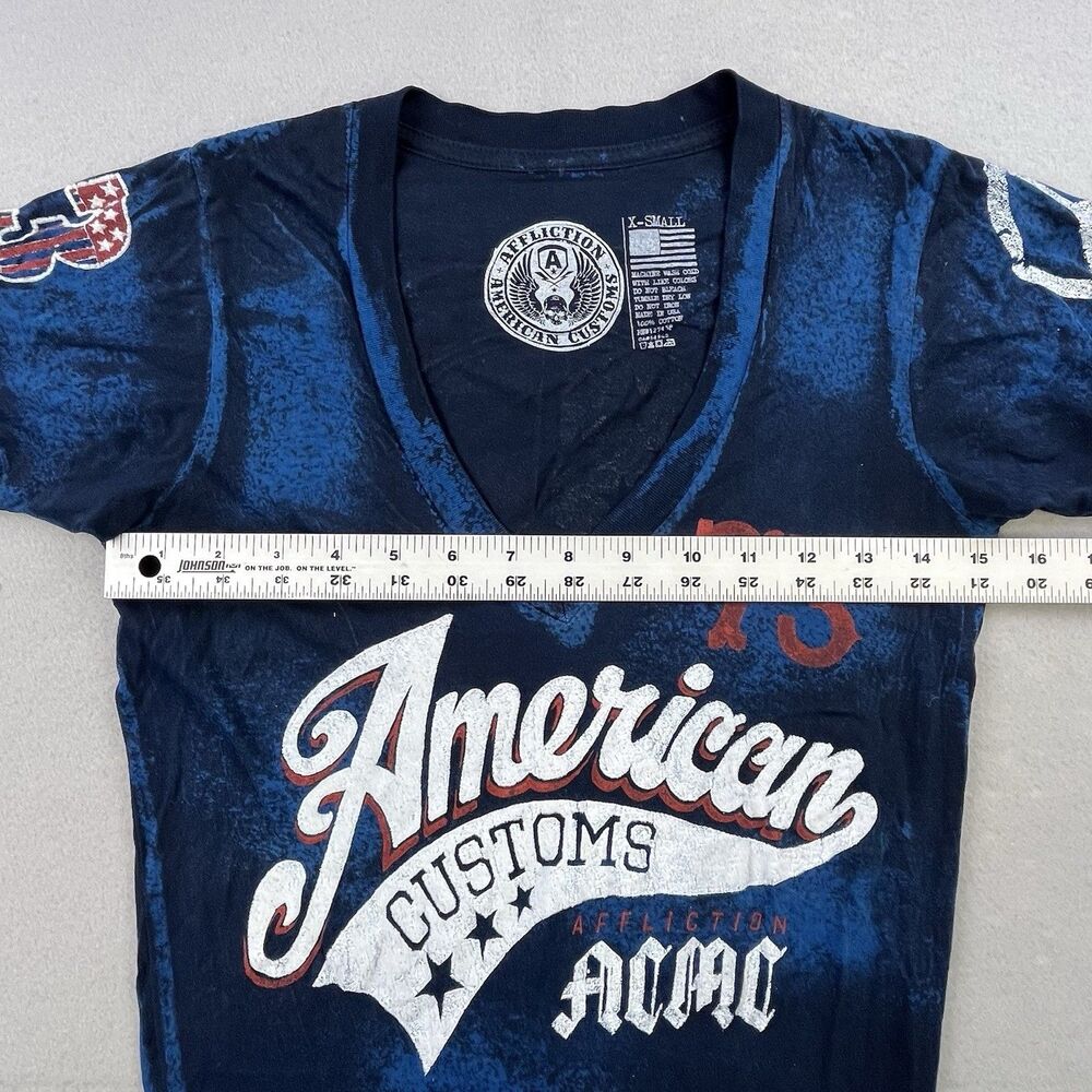 Affliction T-Shirt Womens XS Blue V-Neck American Customs Peace Flag Biker - Picture 10 of 11